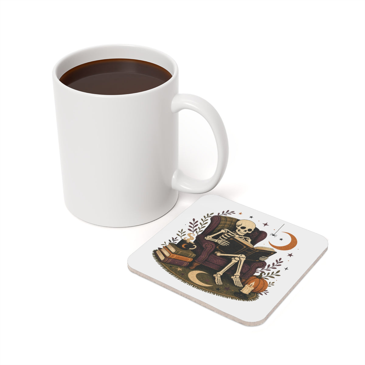 Reading Skeleton Coaster Cork Back Coaster | Halloween Pumpkin Moon Candle