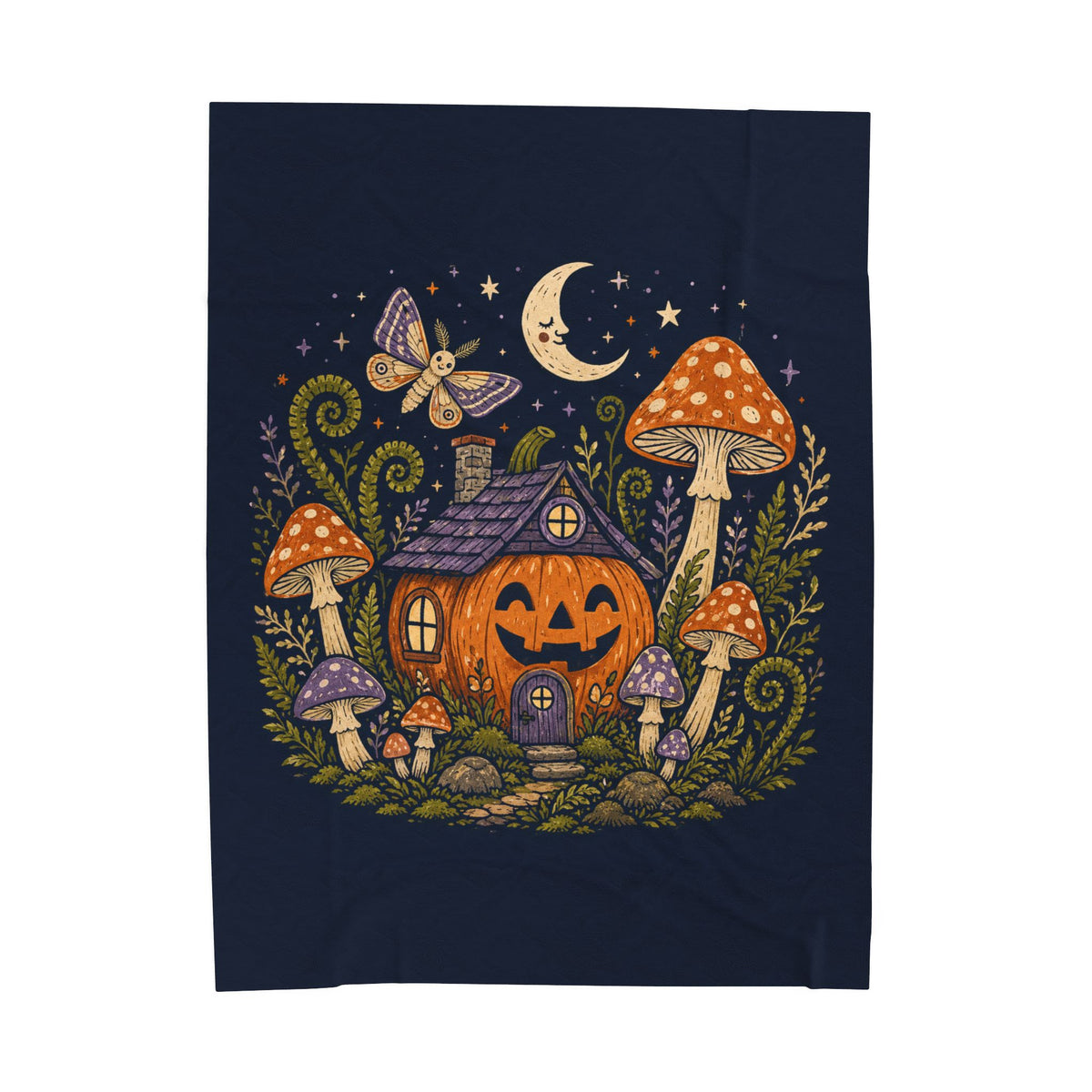 Jack-o'-Lantern Mushroom Cottage Blanket | Halloween Pumpkin Moon Illustration