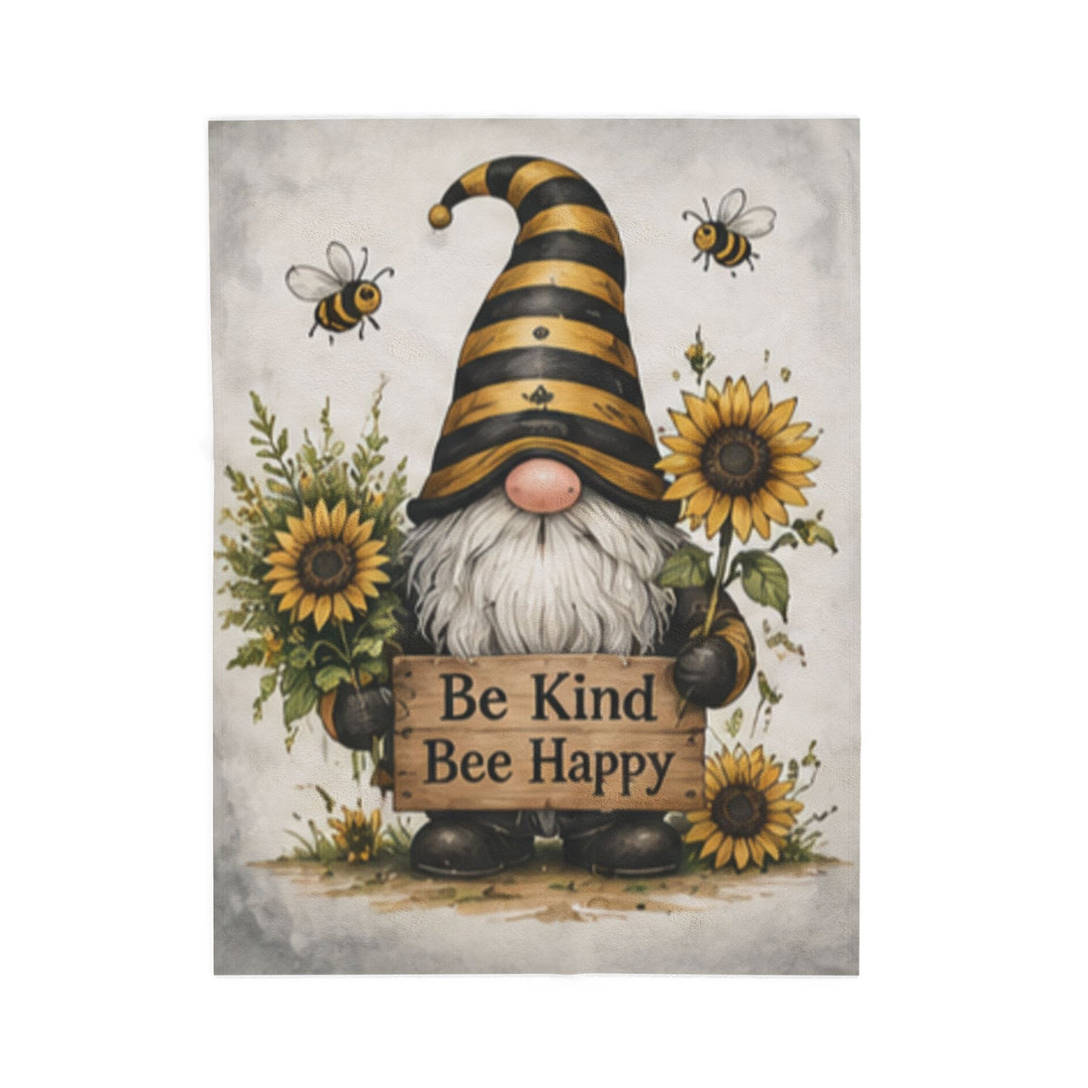 Be Kind Bee Happy Gnome Velveteen Blanket | Sunflower Bee Plush Throw