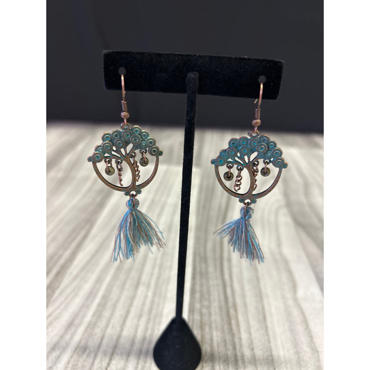 Patina tree of life earrings 2 1/2”