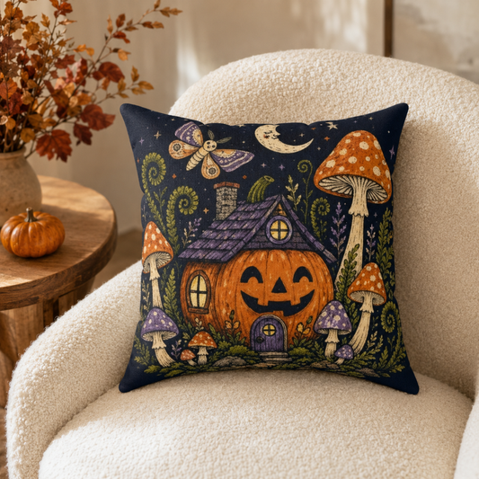 Pumpkin House Pillow | Halloween Mushroom Cottage Throw Pillow