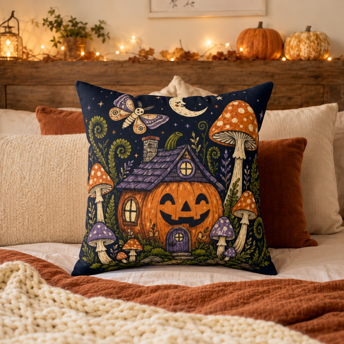 Pumpkin House Pillow | Halloween Mushroom Cottage Throw Pillow