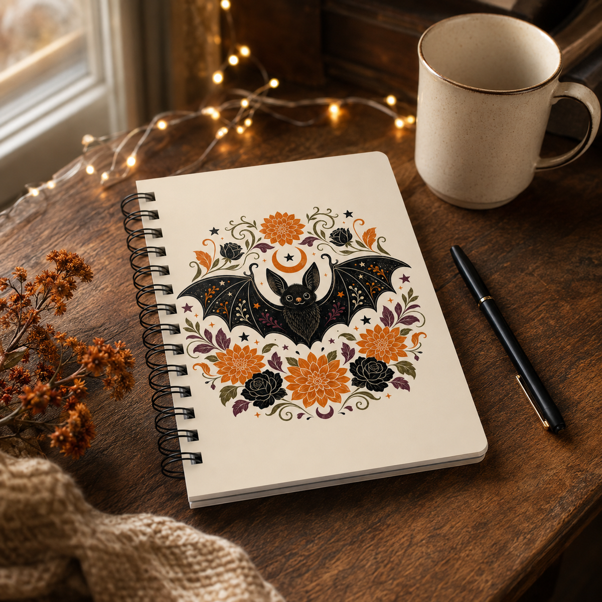 Bat Floral Journal — Halloween-Inspired Spiral Notebook with Crescent Moon & Orange Black Flower Design
