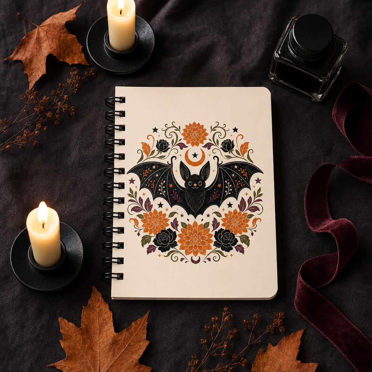 Bat Floral Journal — Halloween-Inspired Spiral Notebook with Crescent Moon & Orange Black Flower Design