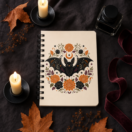 Bat Floral Journal — Halloween-Inspired Spiral Notebook with Crescent Moon & Orange Black Flower Design