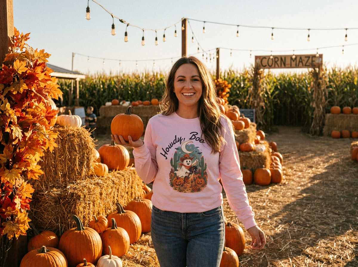 Howdy Boo ghost cowboy pumpkin Long Sleeve, Halloween western spooky tee