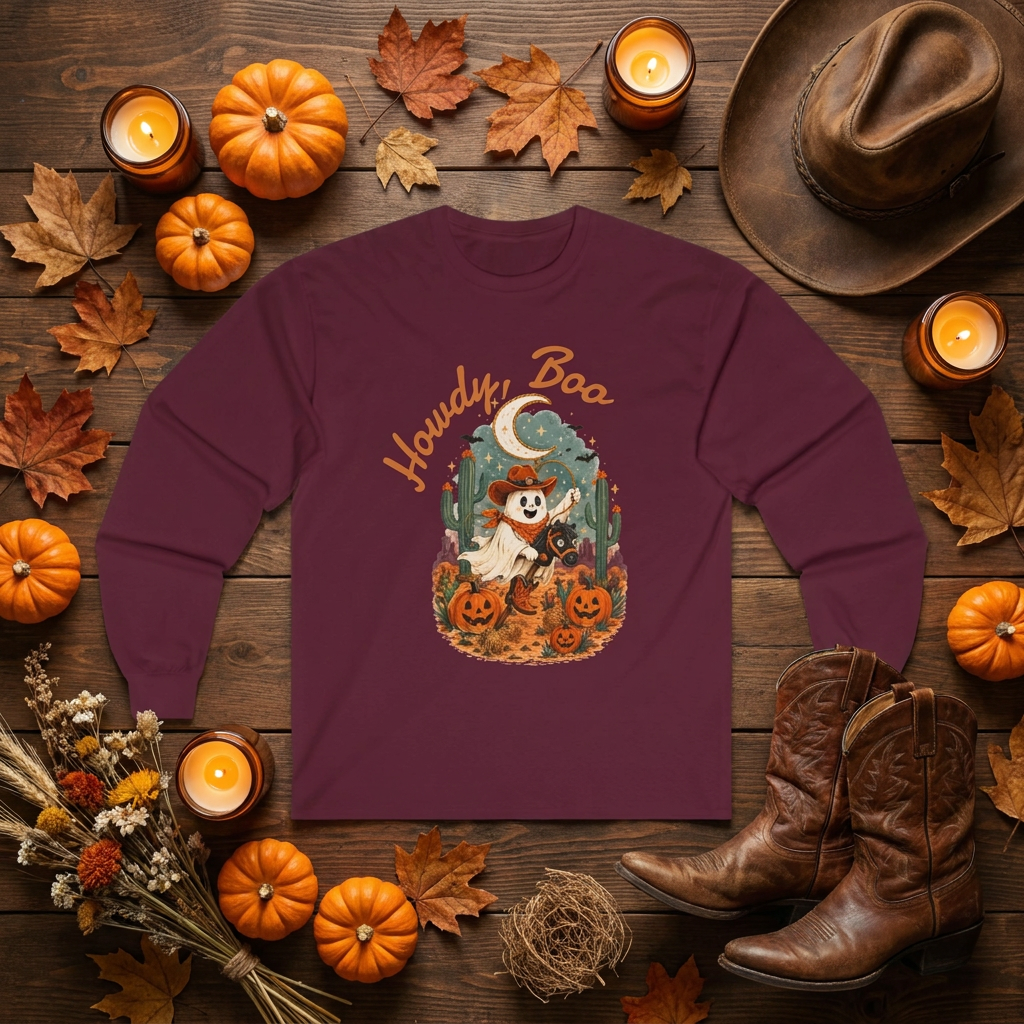 Howdy Boo ghost cowboy pumpkin Long Sleeve, Halloween western spooky tee