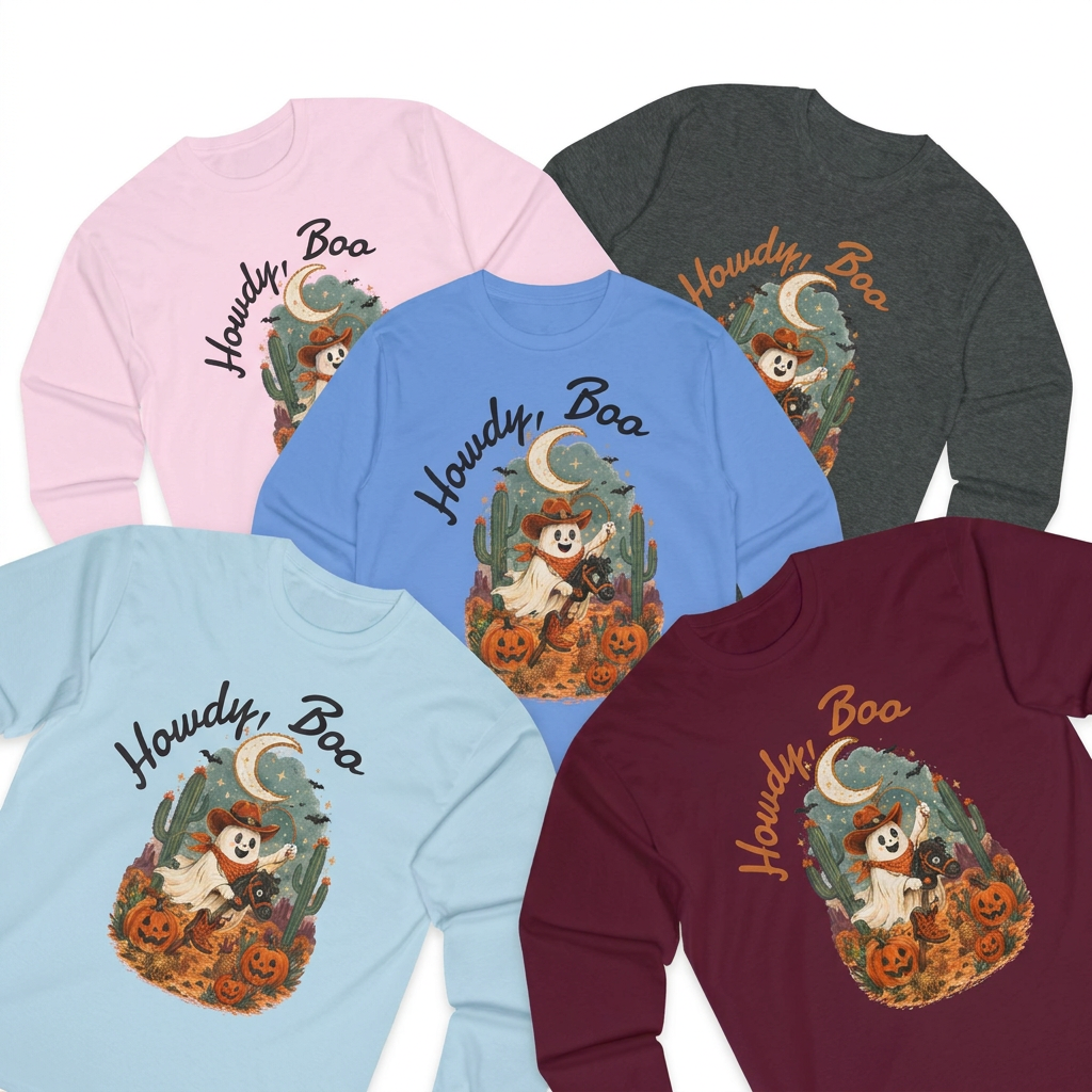 Howdy Boo ghost cowboy pumpkin Long Sleeve, Halloween western spooky tee
