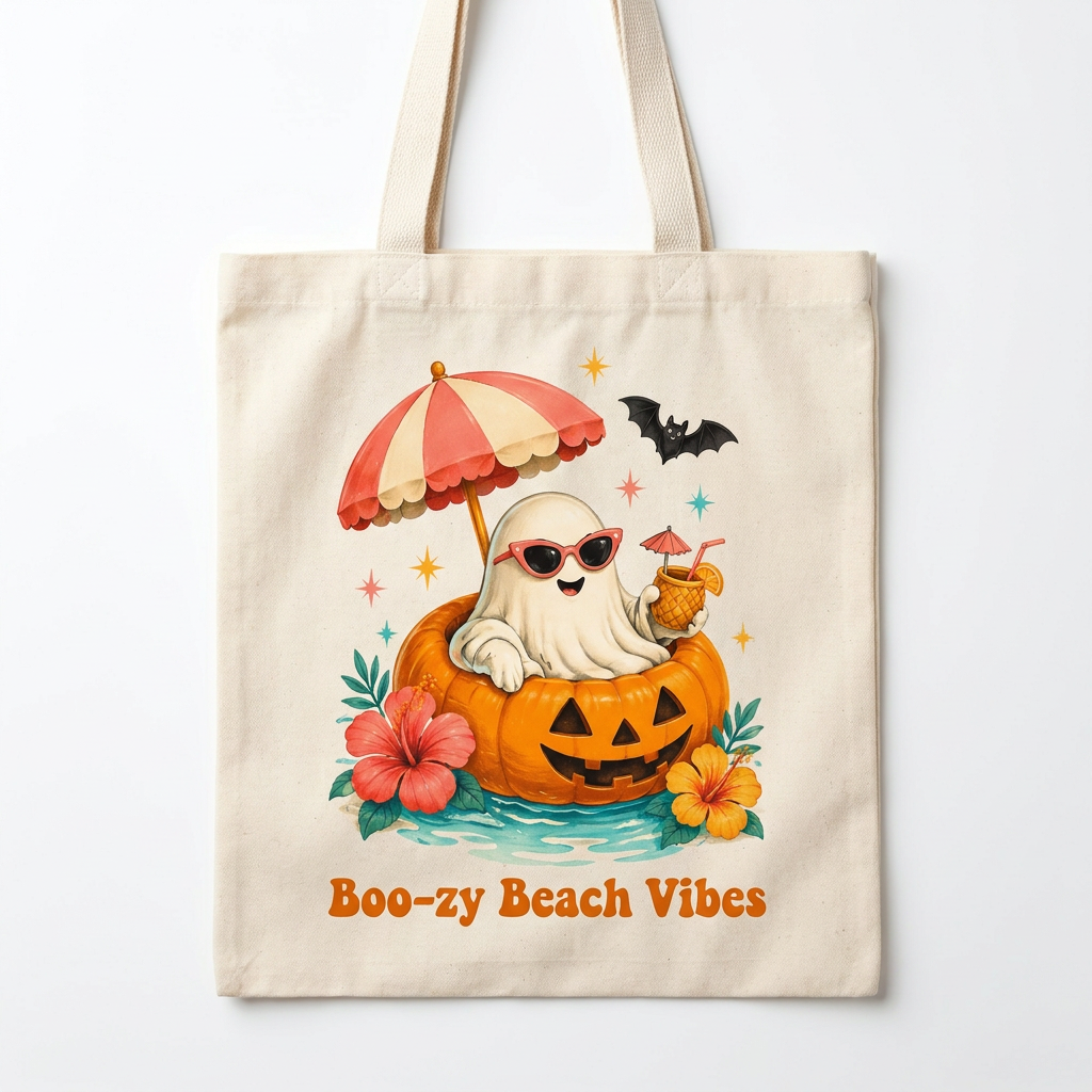 Beach Pumpkin Halloween Tote | Boo-zy Beach Vibes Cotton Canvas Tote