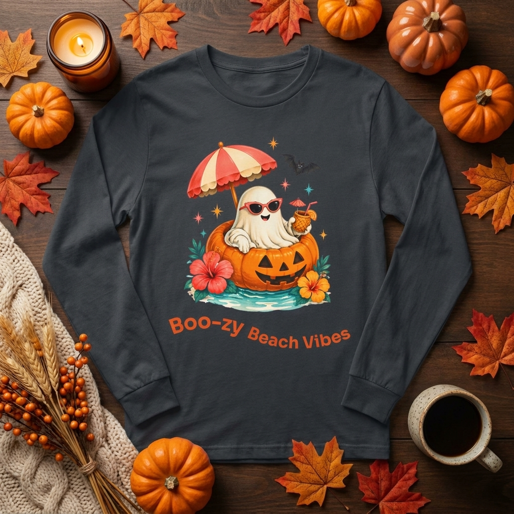 Boo-zy Beach Vibes Ghost Long Sleeve T-Shirt | Halloween Pumpkin Beach