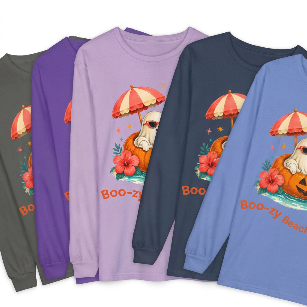 Boo-zy Beach Vibes Ghost Long Sleeve T-Shirt | Halloween Pumpkin Beach