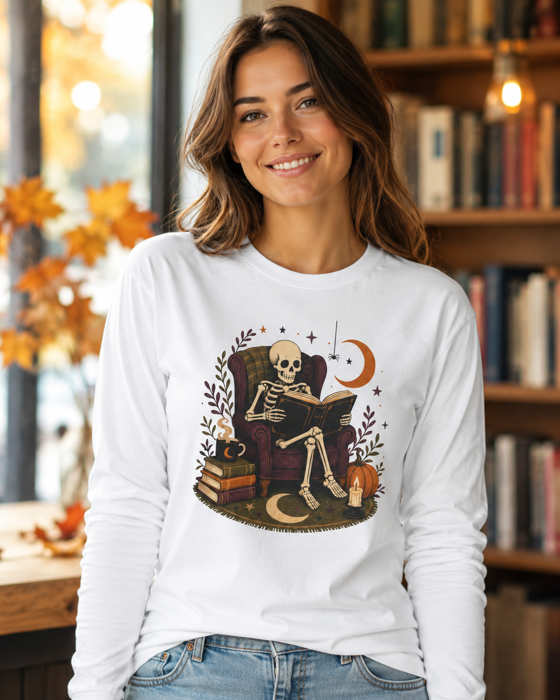 Reading Skeleton Long Sleeve | Cozy Spooky Bookish Tee