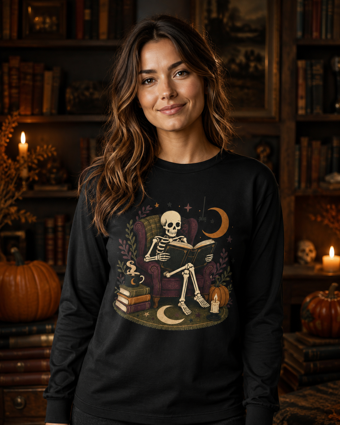 Reading Skeleton Long Sleeve | Cozy Spooky Bookish Tee