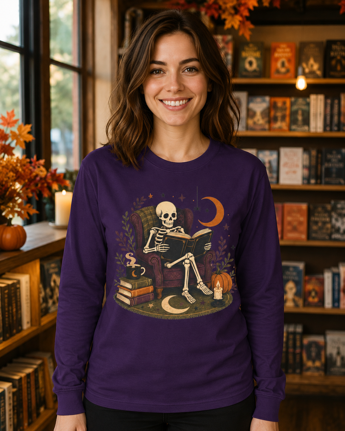 Reading Skeleton Long Sleeve | Cozy Spooky Bookish Tee