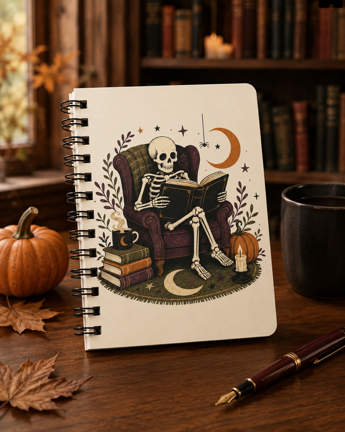 Reading Skeleton Spiral Bound Journal | Halloween Cozy Gothic Notebook