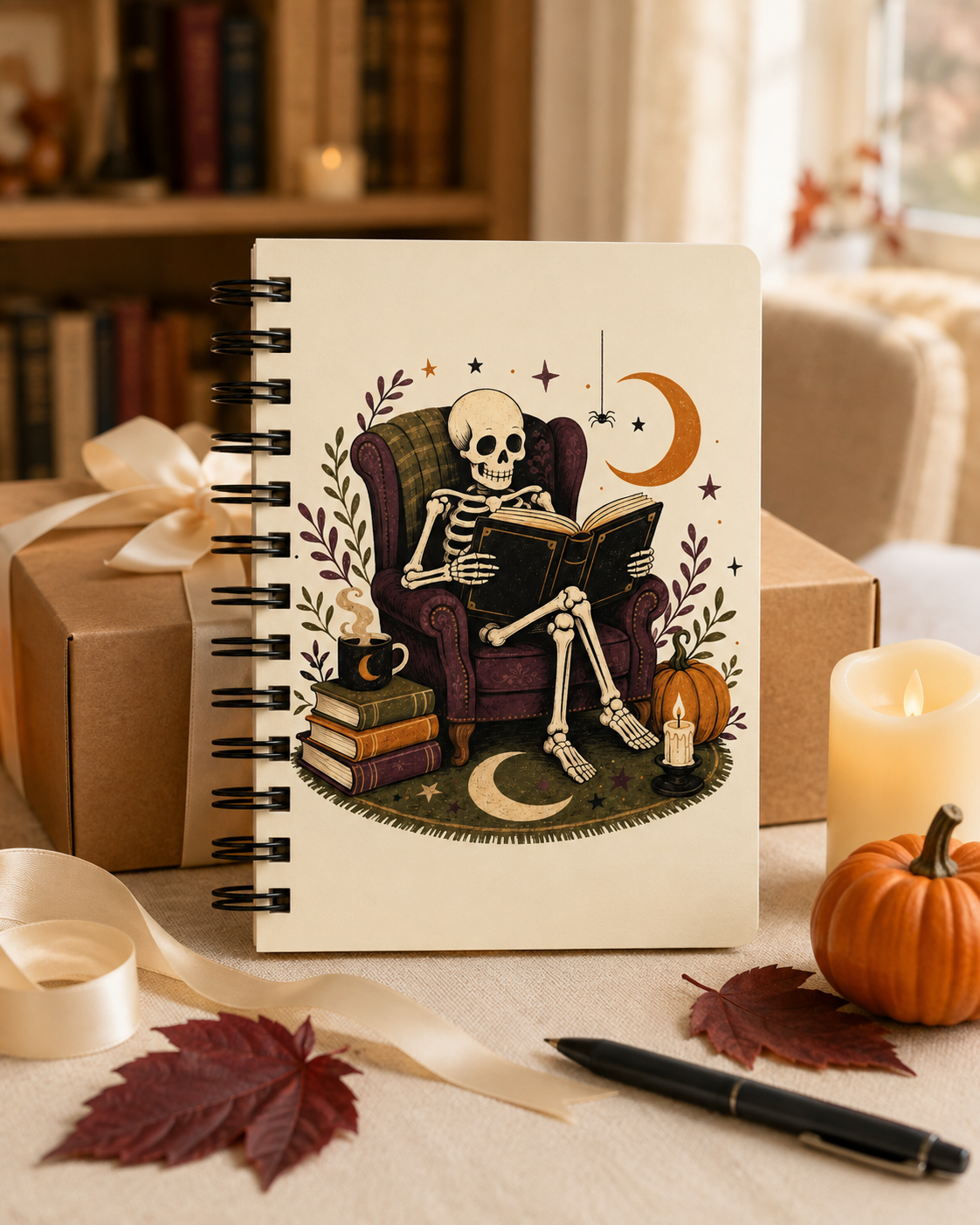 Reading Skeleton Spiral Bound Journal | Halloween Cozy Gothic Notebook