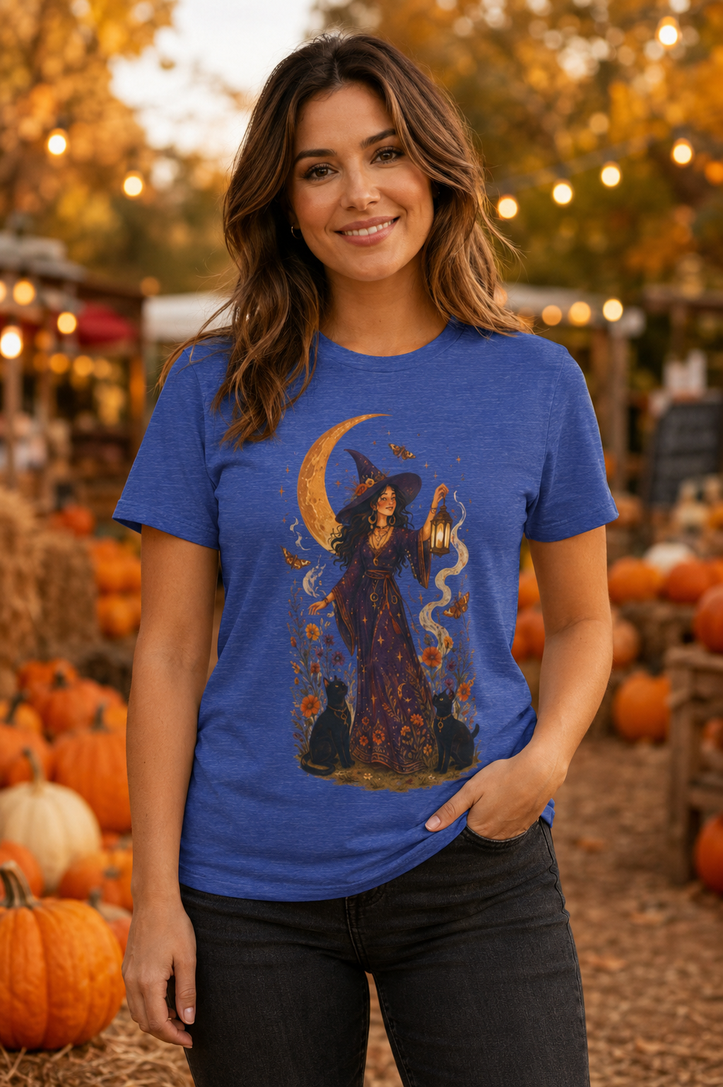 Witch with Lantern T-Shirt | Crescent Moon Halloween Tee