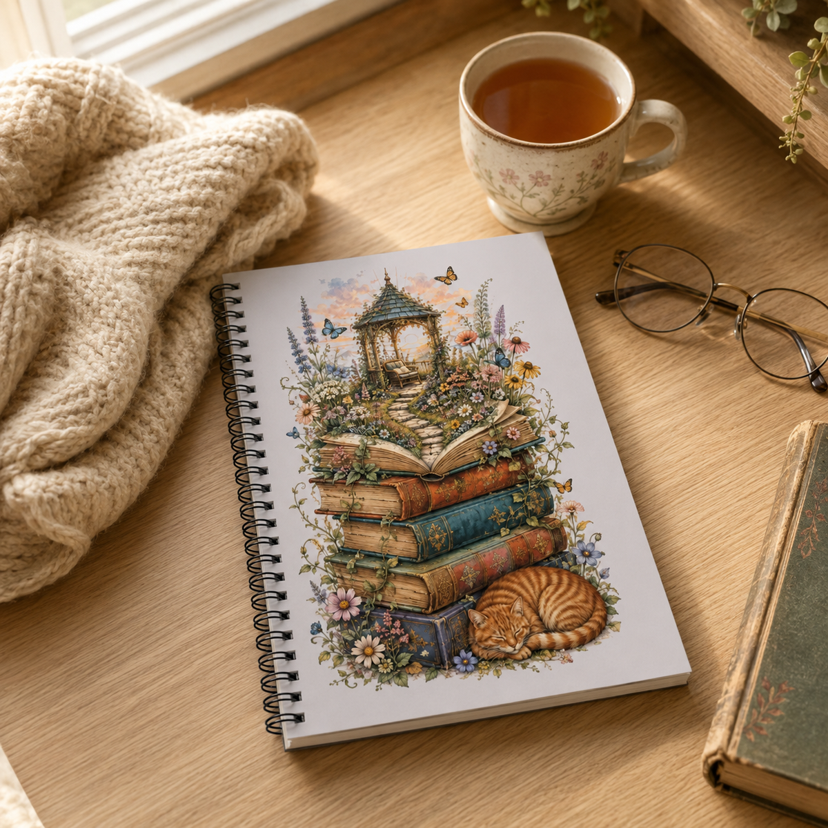 Whimsical Book Stack with Garden Gazebo Spiral Notebook