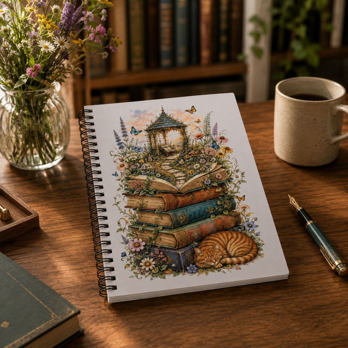 Whimsical Book Stack with Garden Gazebo Spiral Notebook