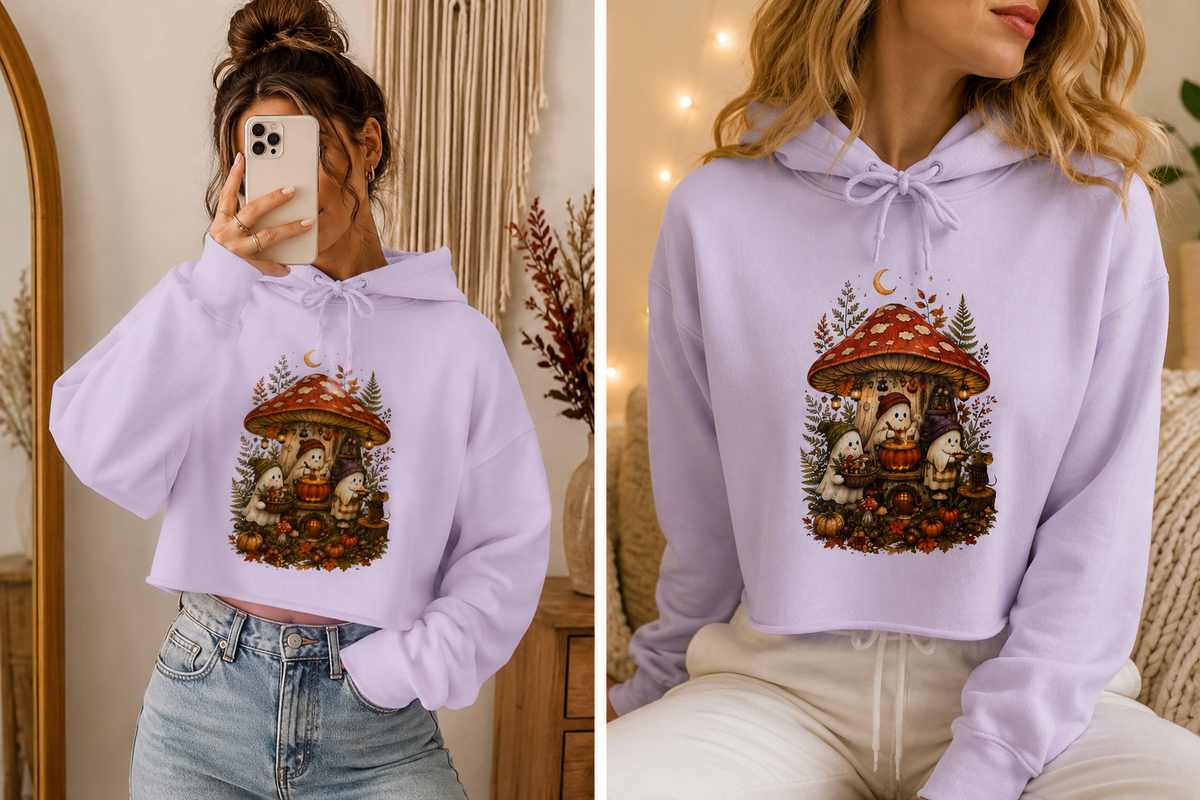 Mushroom Forest Cottage Crop Hoodie | Cute Woodland Gnome Illustration