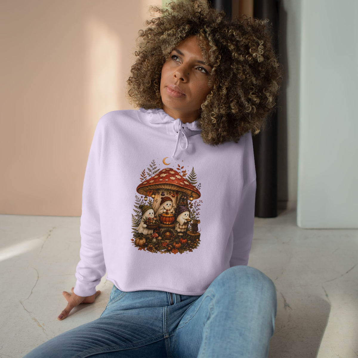 Mushroom Forest Cottage Crop Hoodie | Cute Woodland Gnome Illustration