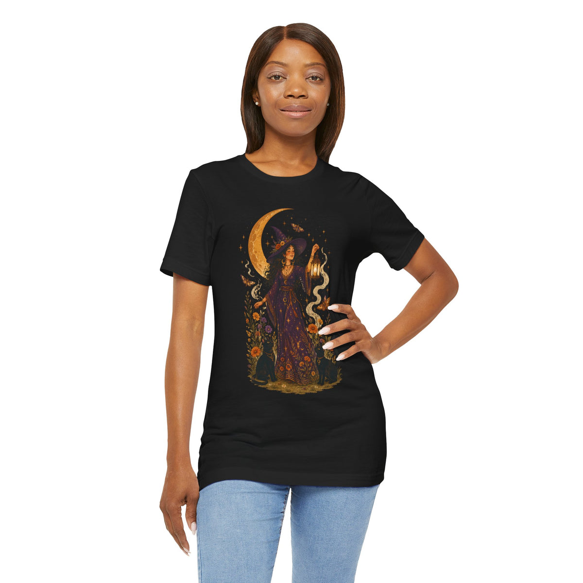 Witch with Lantern T-Shirt | Crescent Moon Halloween Tee