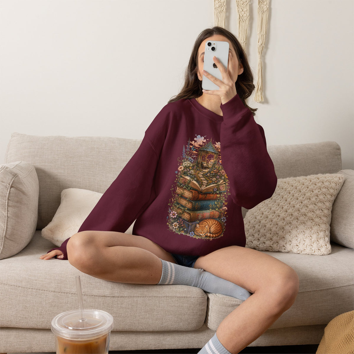 Book Lover Garden Sweatshirt – Cozy Cat, Books and Wildflowers Crewneck