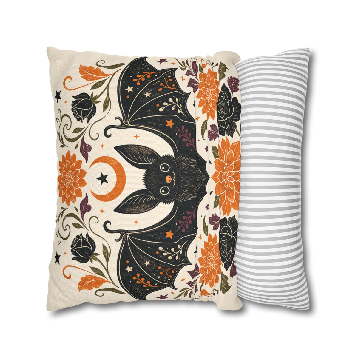 Halloween Bat Decorative Pillow Cover — Floral Moon Square Throw Pillowcase