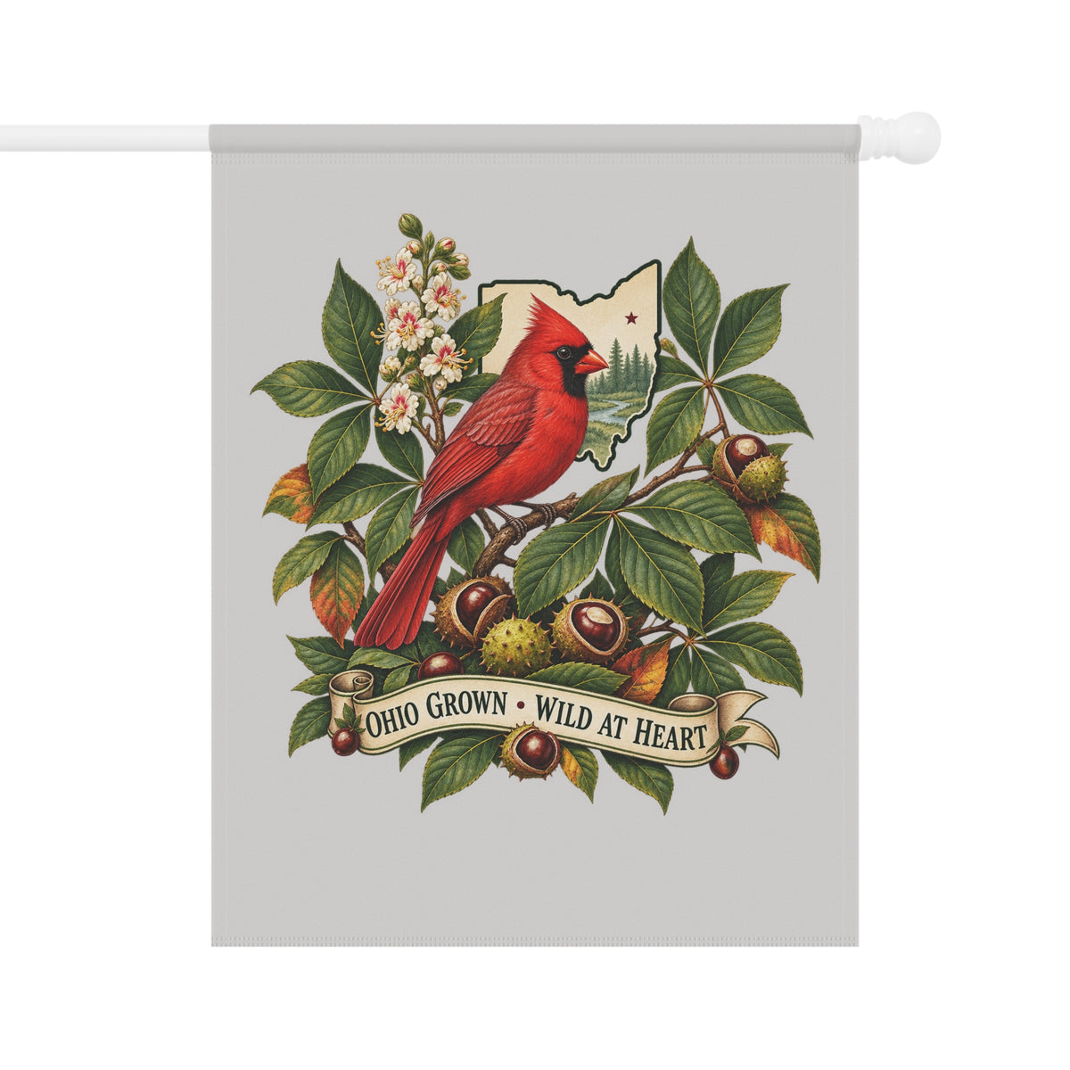 Ohio Grown Cardinal Garden Flag | House Banner, Floral Nest Design