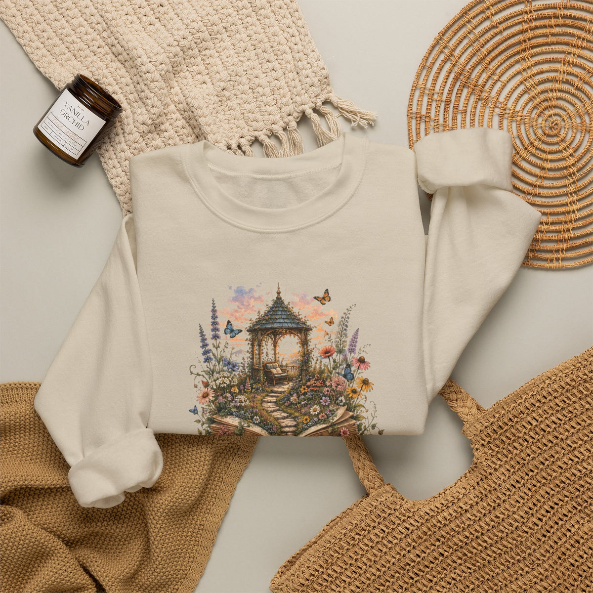 Book Lover Garden Sweatshirt – Cozy Cat, Books and Wildflowers Crewneck