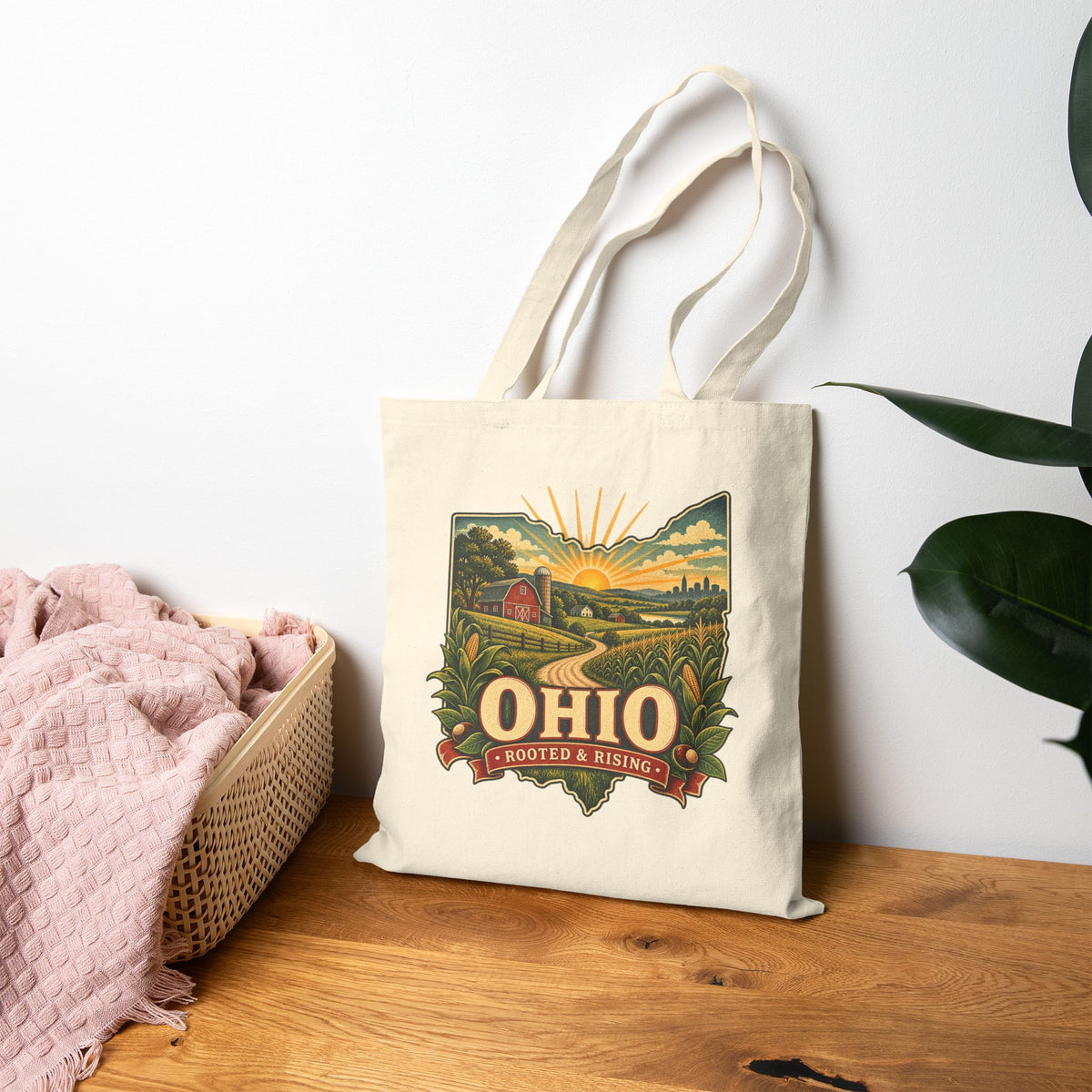 Ohio sunrise landscape Tote Bag | state map, vintage farm scene