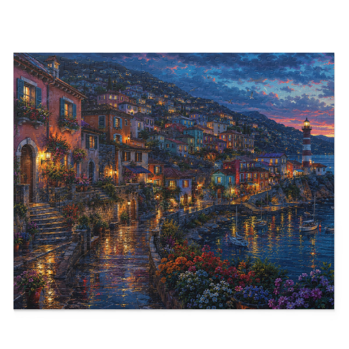 Coastal Village Twilight Scene Puzzle