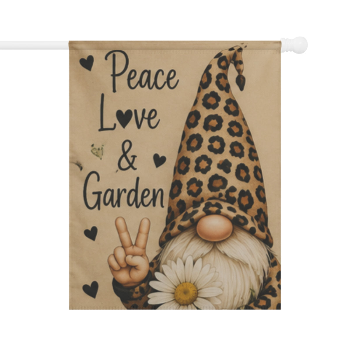 Peace, Love & Garden Gnome Garden Flag — Leopard Print Gnome Decorative Yard Banner