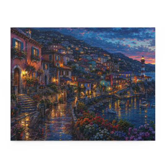 Coastal Village Twilight Scene Puzzle