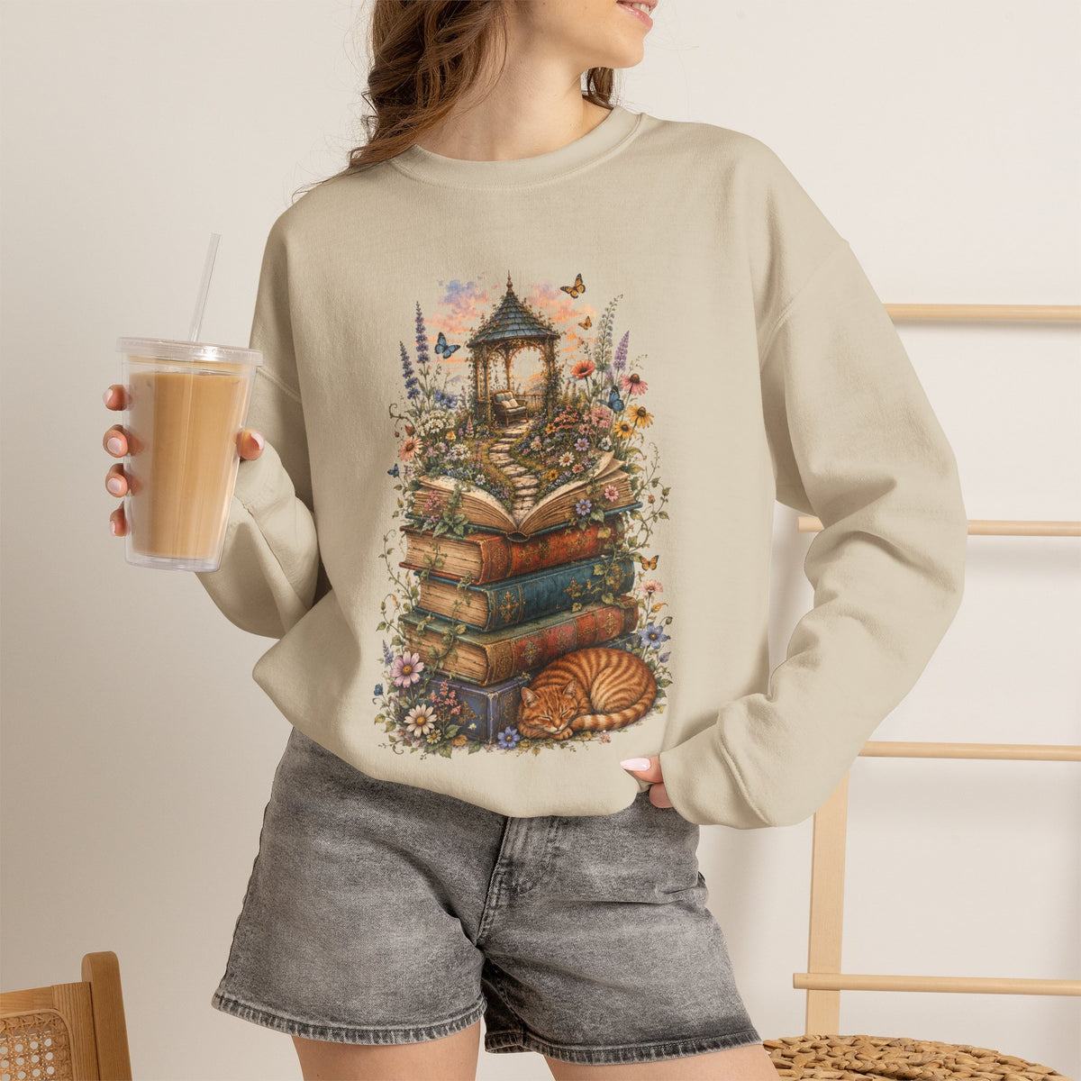 Book Lover Garden Sweatshirt – Cozy Cat, Books and Wildflowers Crewneck