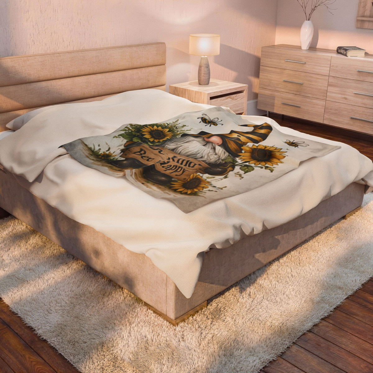Be Kind Bee Happy Gnome Velveteen Blanket | Sunflower Bee Plush Throw