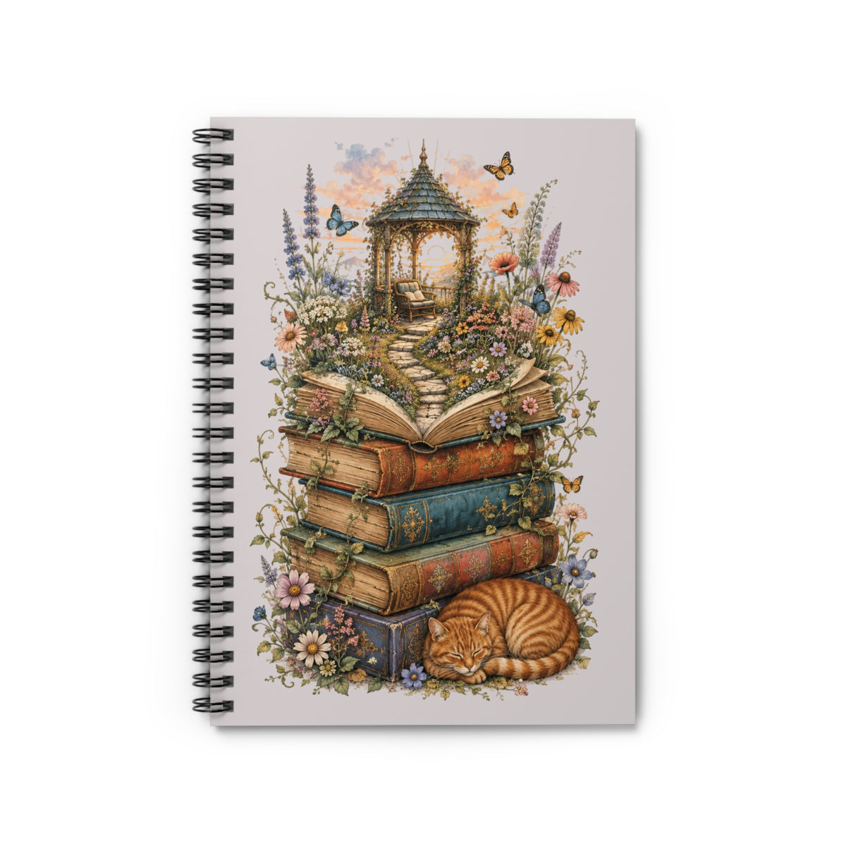 Whimsical Book Stack with Garden Gazebo Spiral Notebook