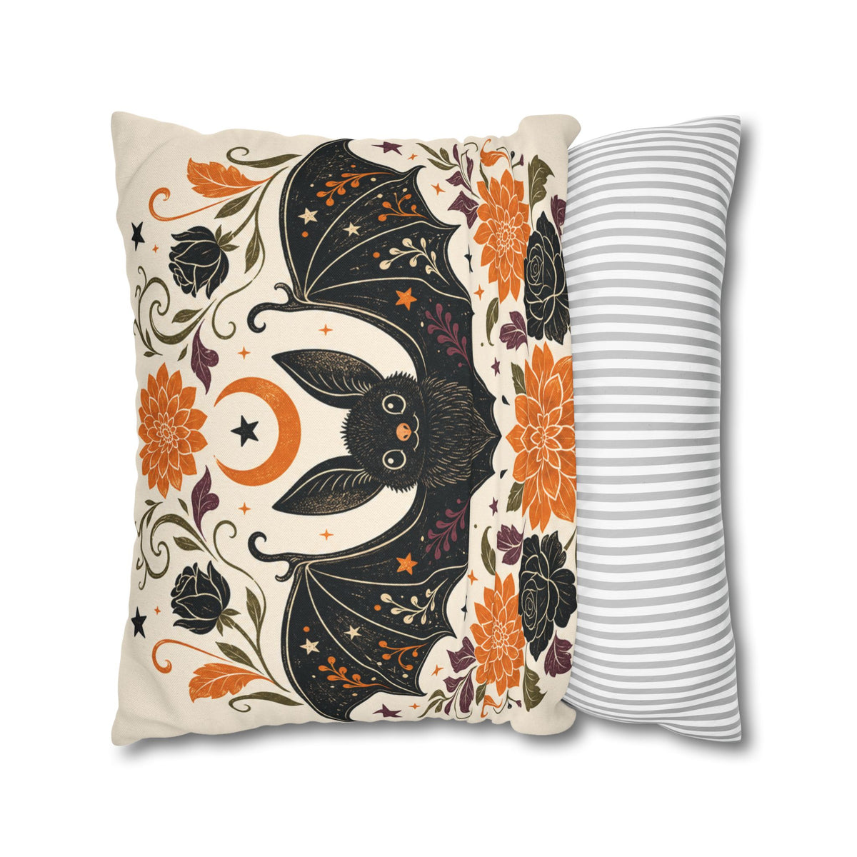 Halloween Bat Decorative Pillow Cover — Floral Moon Square Throw Pillowcase