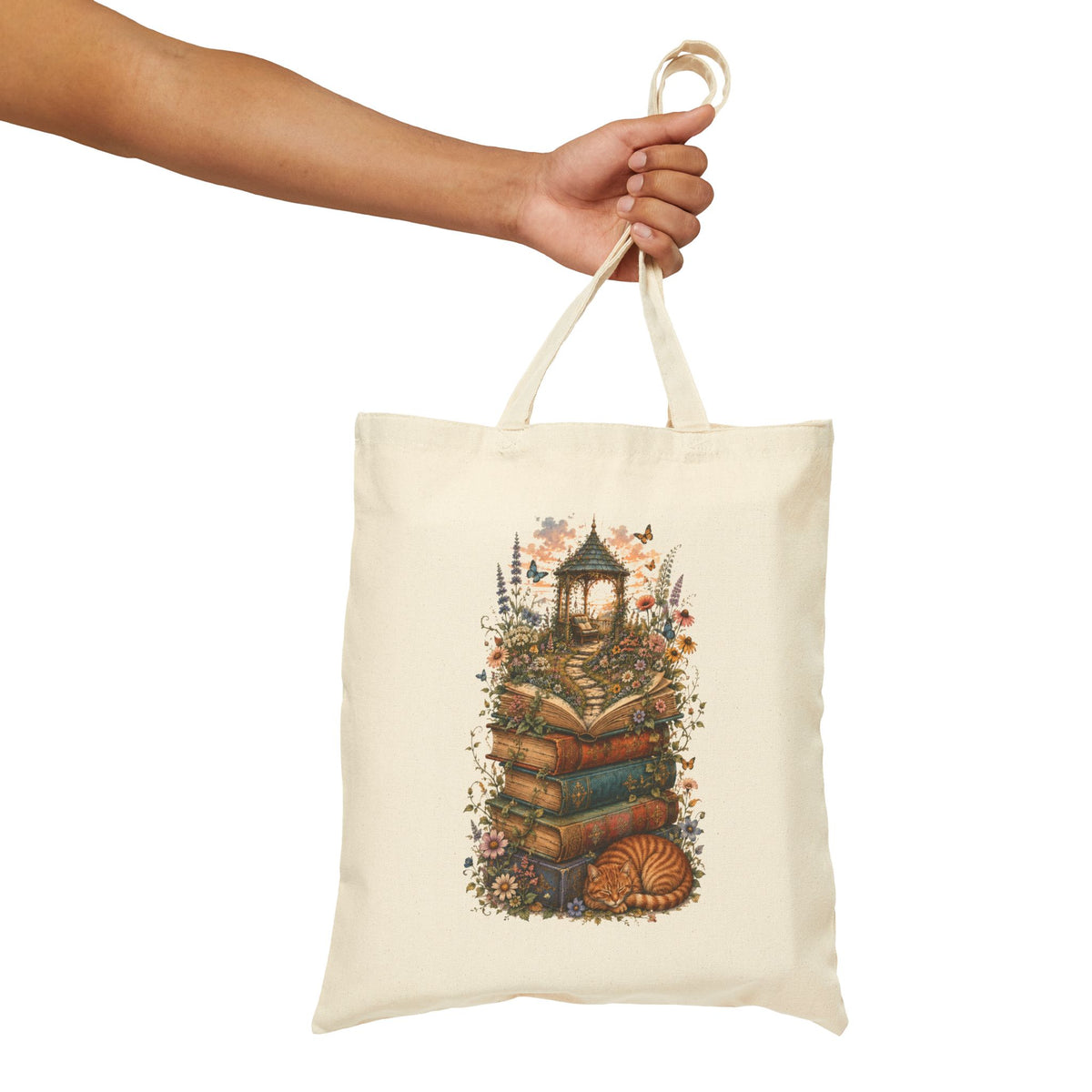 Whimsical Book Stack with Lantern Tote Bag | Autumn Floral Reader Tote