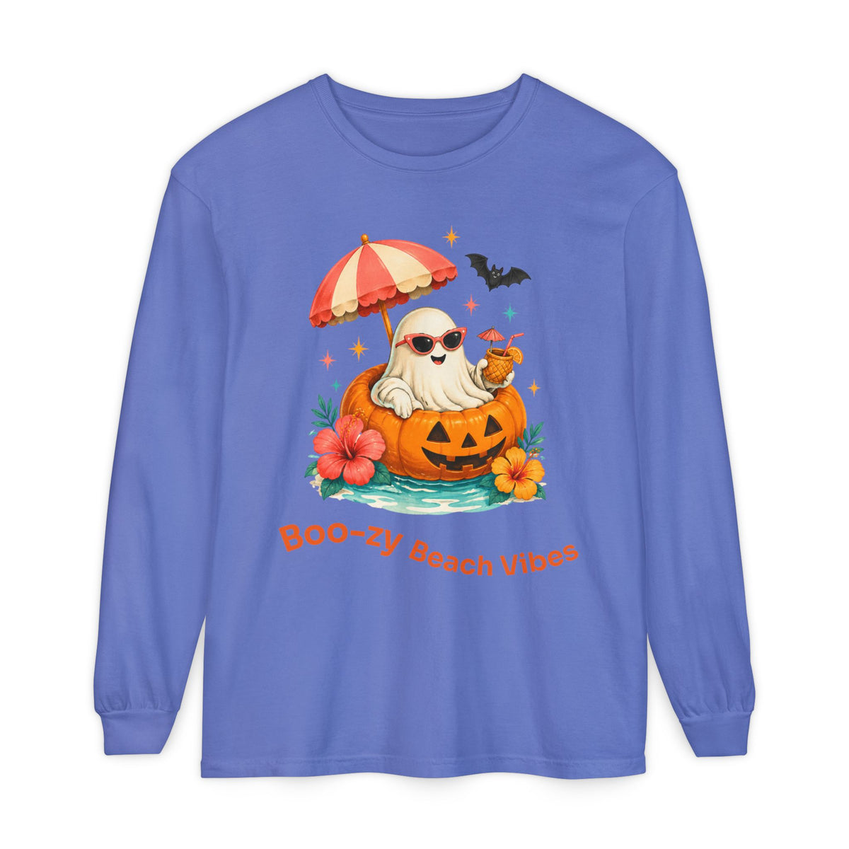Boo-zy Beach Vibes Ghost Long Sleeve T-Shirt | Halloween Pumpkin Beach