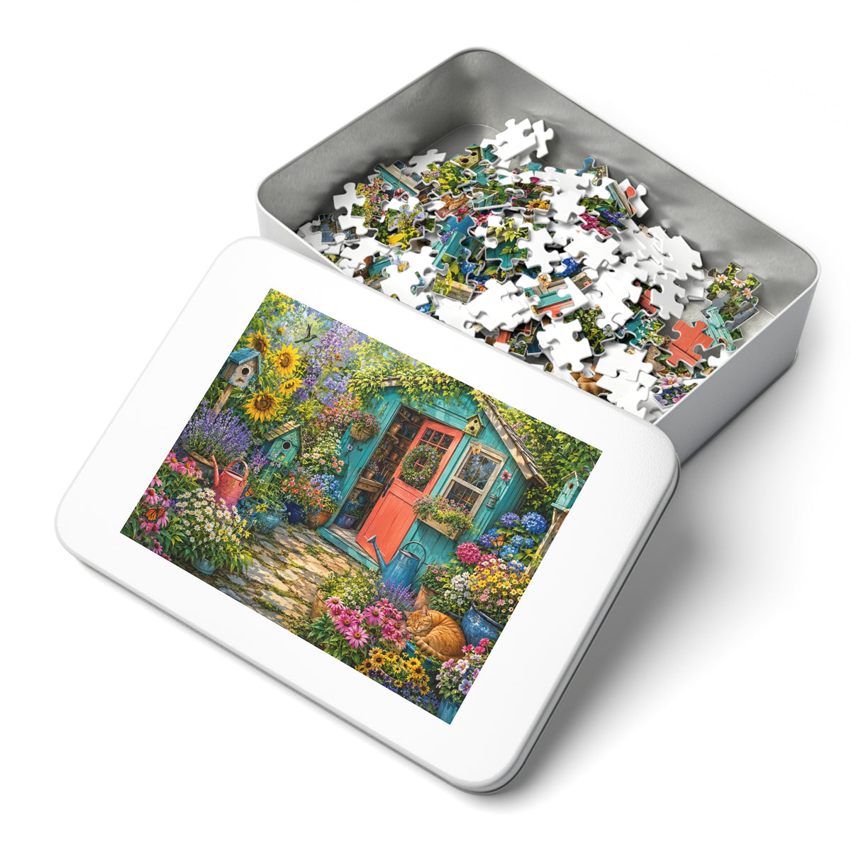 Cottage Garden Scene Jigsaw Puzzle with Tin | Floral Shed, Cat, Birdhouses
