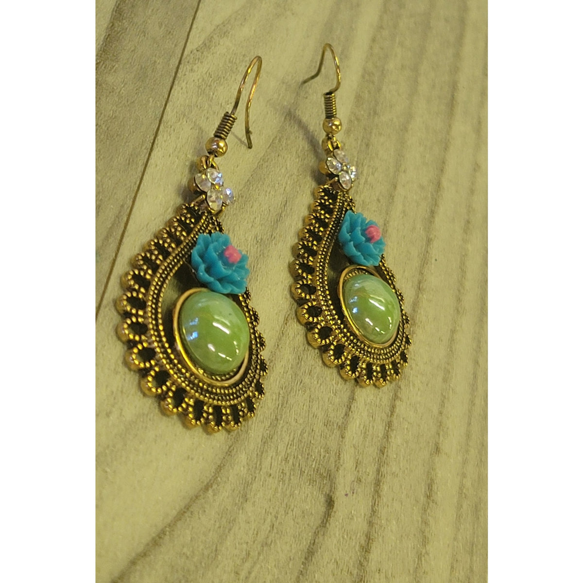 Romantic drop earrings with blue flower and green stone 2"