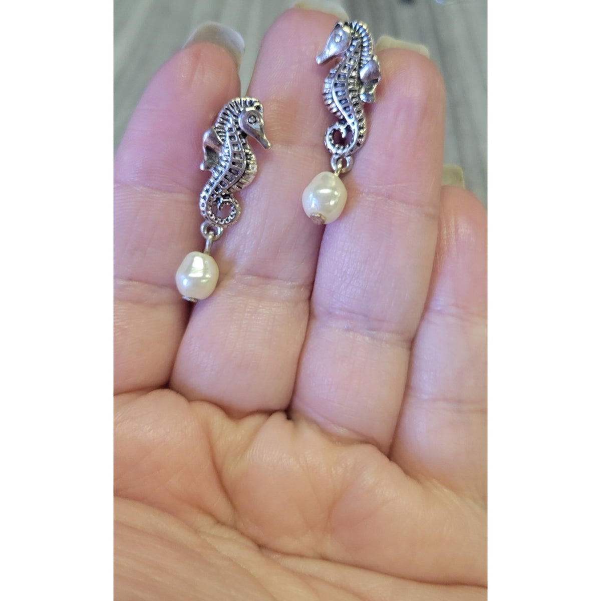 Seahorse clip on earrings with dangle pearl