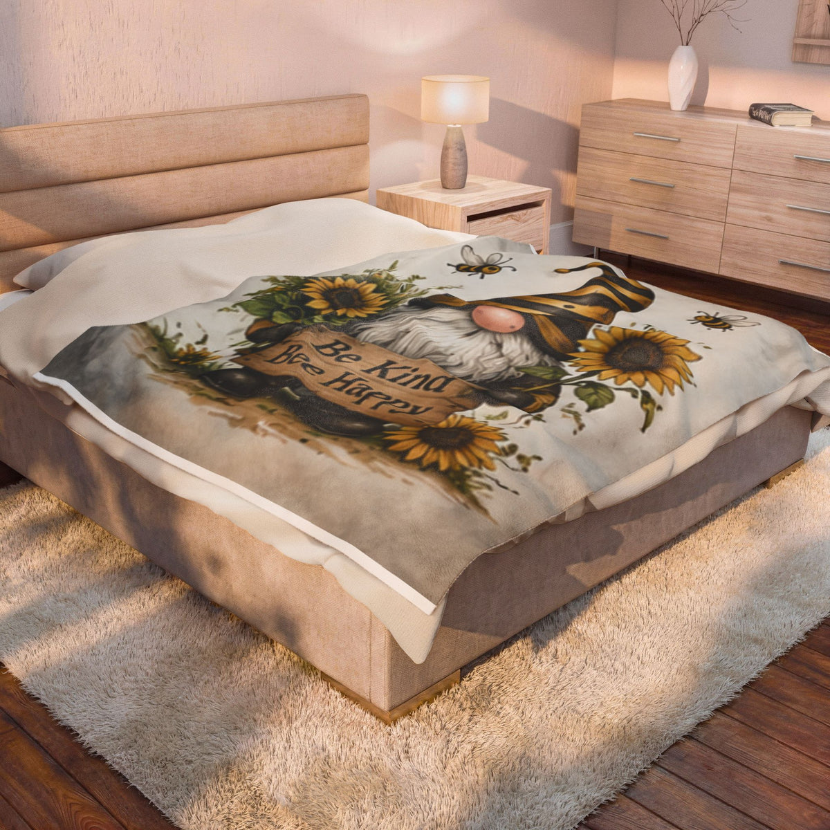 Be Kind Bee Happy Gnome Velveteen Blanket | Sunflower Bee Plush Throw