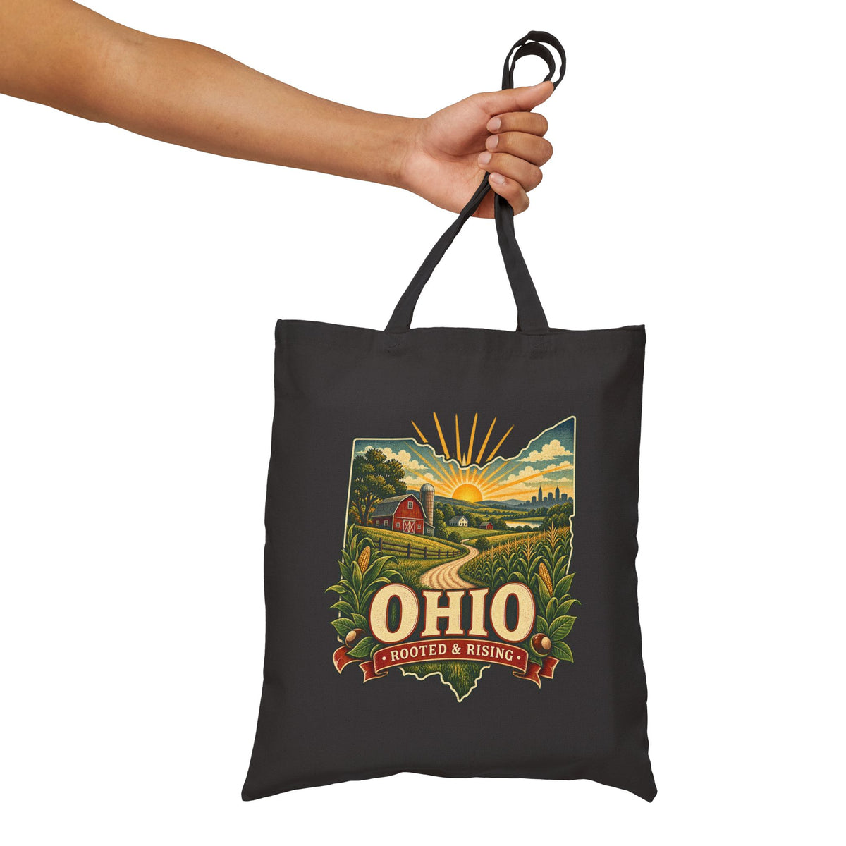 Ohio sunrise landscape Tote Bag | state map, vintage farm scene