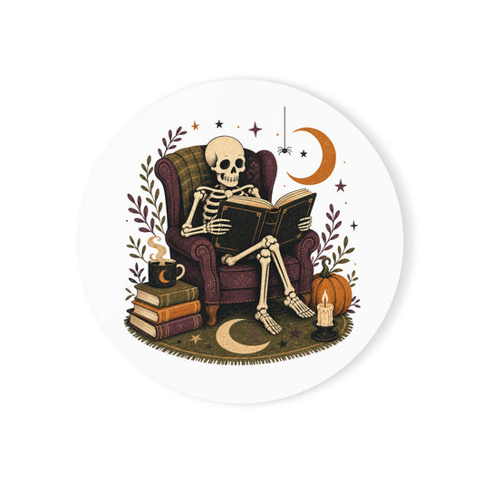 Reading Skeleton Coaster Cork Back Coaster | Halloween Pumpkin Moon Candle