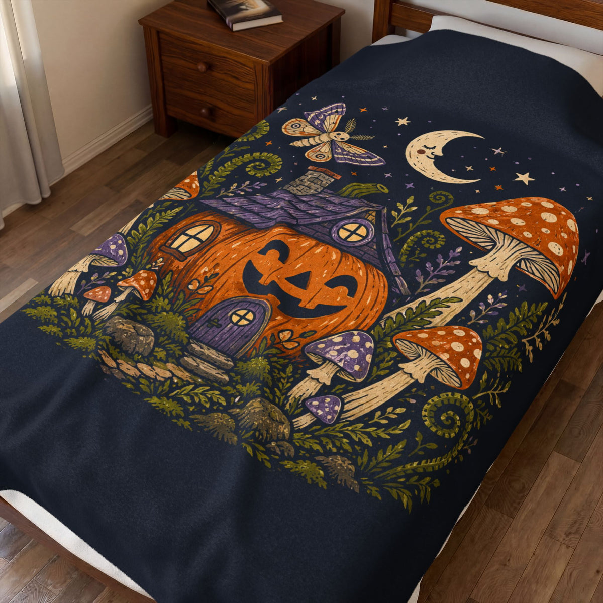 Jack-o'-Lantern Mushroom Cottage Blanket | Halloween Pumpkin Moon Illustration