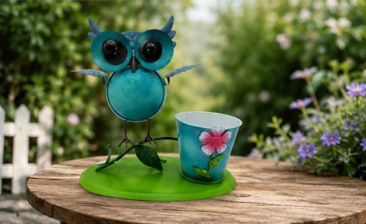 Whimsical Metal Owl Planter with Flower Pot | Cute Garden Owl Decor | Indoor Outdoor Plant Holder