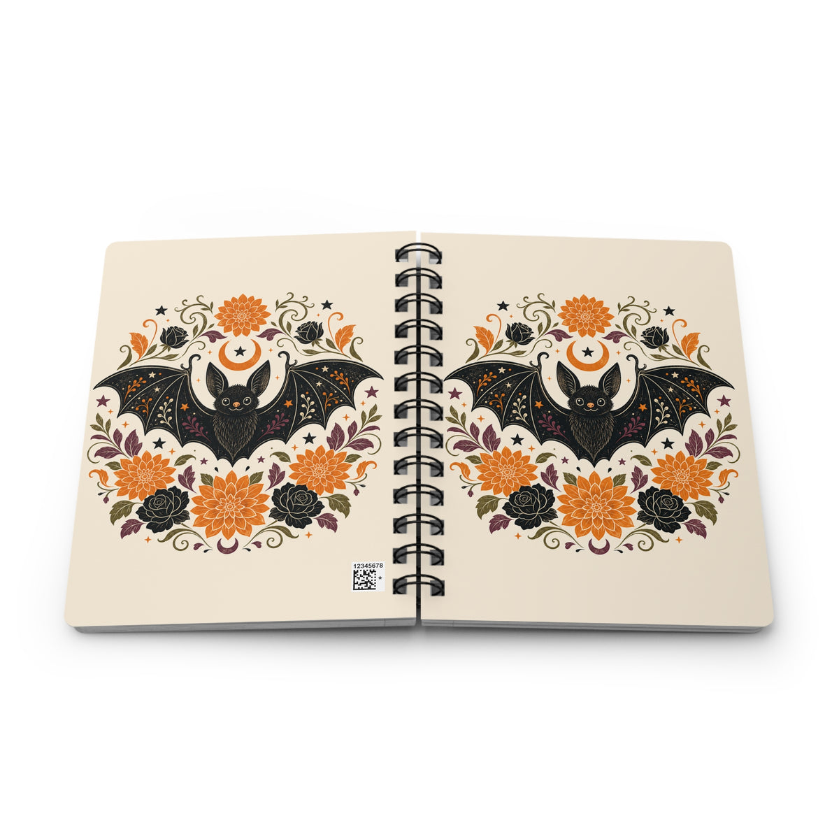 Bat Floral Journal — Halloween-Inspired Spiral Notebook with Crescent Moon & Orange Black Flower Design