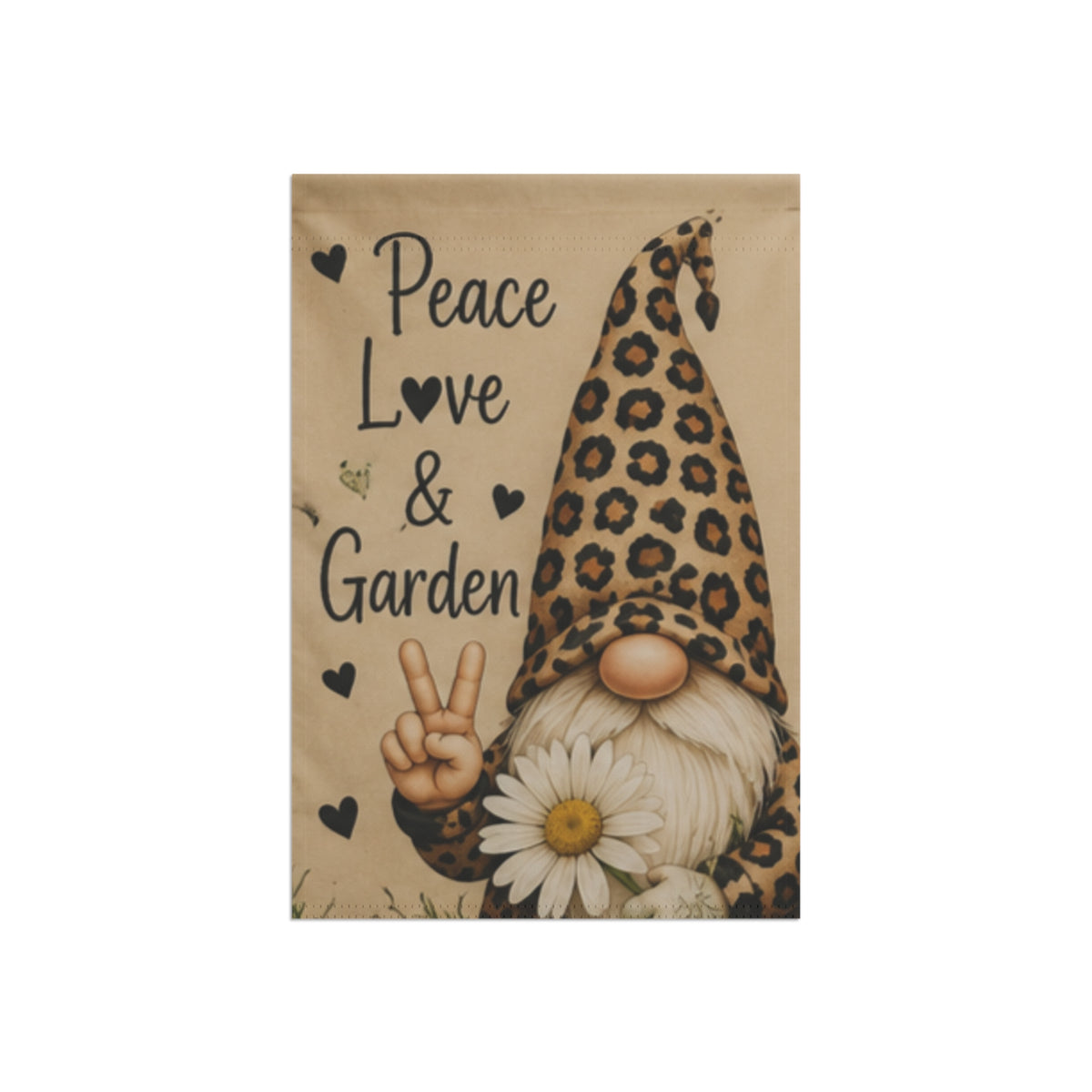Peace, Love & Garden Gnome Garden Flag — Leopard Print Gnome Decorative Yard Banner